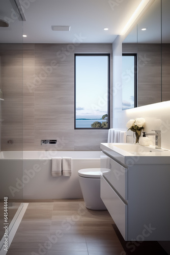 A sleek all-white bathroom with minimalist decor and futuristic lighting displaying an uncluttered background with empty space for text 