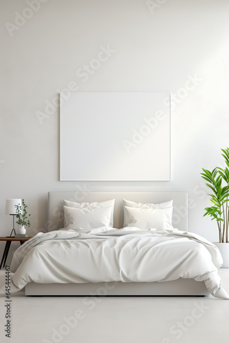 A sleek all-white bedroom with minimalist decor and a panoramic window background with empty space for text 