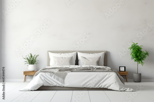 A sleek all-white bedroom with minimalist decor and a panoramic window background with empty space for text 