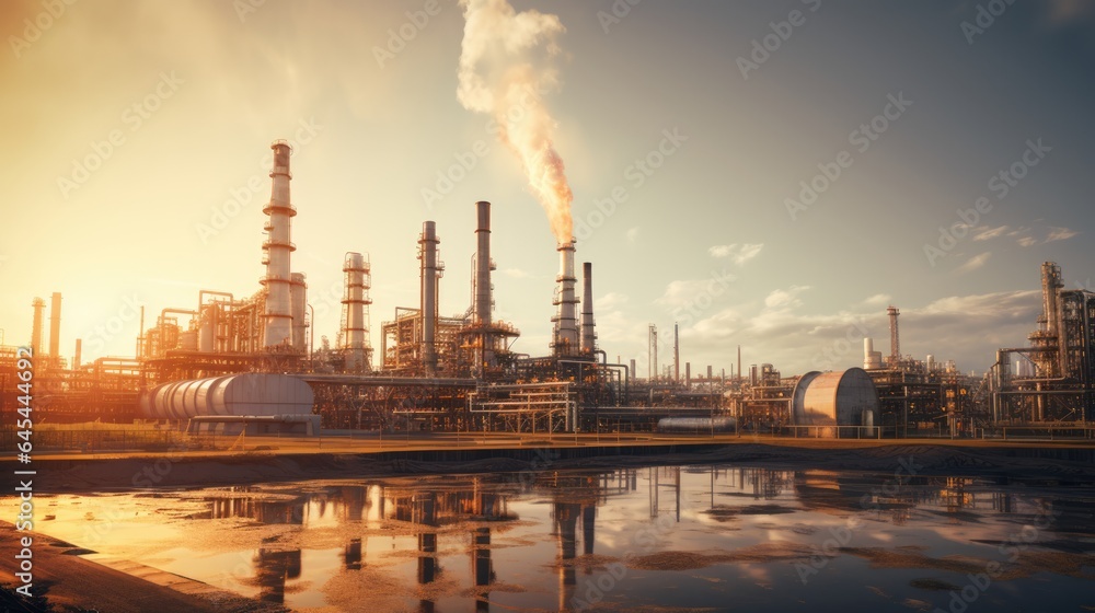 Oil industry factory on sunset background