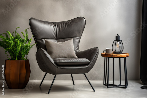 A sleek black leather chair paired with a minimalist marble side table in a monochromatic living room design 