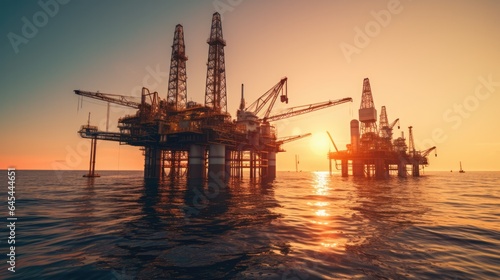 Oil drilling rig in the gulf on sunset background