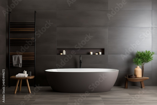 A sleek monochromatic bathroom with clean lines and minimalist fixtures featuring a background with empty space for text 