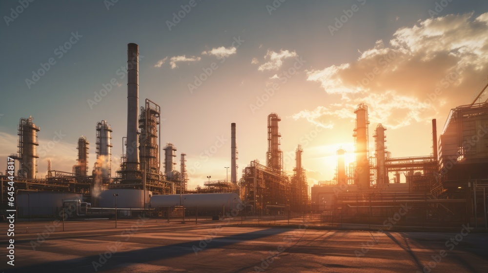 Oil industry factory on sunset background