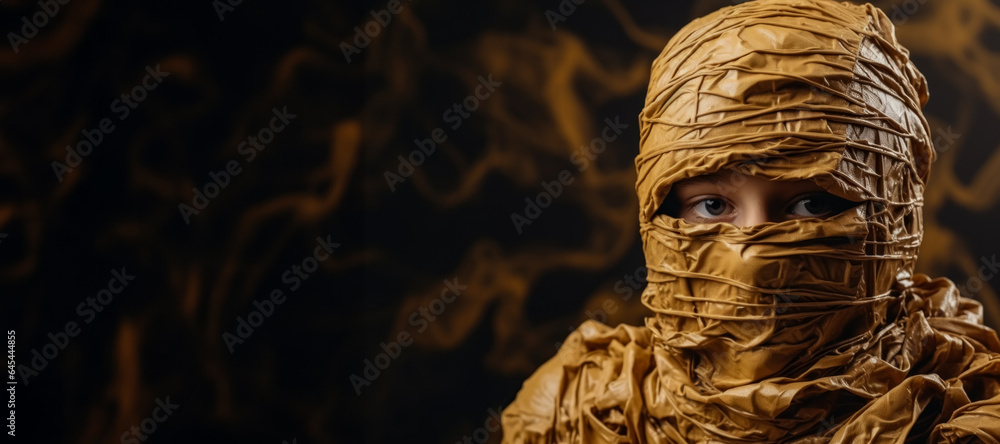 Child in the creepy costume of a mummy isolated on a vivid background with a place for text Child in the creepy costume of a mummy isolated on a vivid background with a place for text