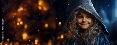 Child in the charming costume of a wizard isolated on a vivid background with a place for text 