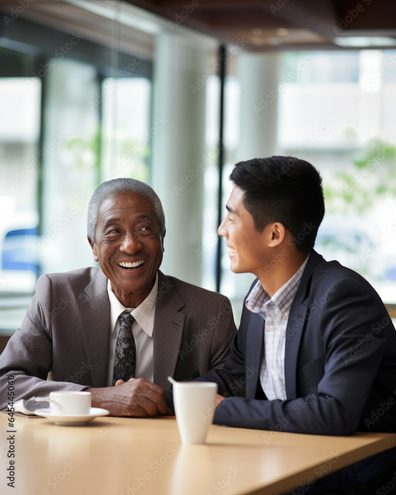 Two men from diverse ethnic and cultural backgrounds, dressed in business suits, engage in a joyful discussion about future business collaborations. Ideal for themes of diversity in the workplace. Two men from diverse ethnic and cultural backgrounds, dressed in business suits, engage in a joyful discussion about future business collaborations. Ideal for themes of diversity in the workplace.
