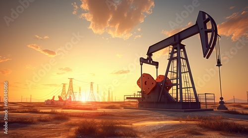 Oil pump rig energy industrial machine for petroleum on sunset background
