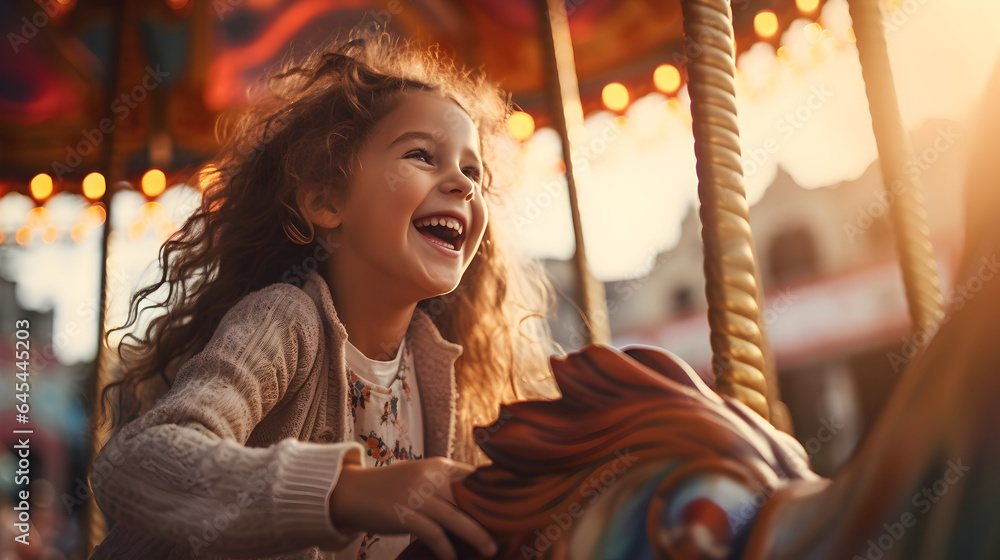 Happy young child girl excited on a colorful carousel, merry-go-round, having fun at an amusement park Happy young child girl excited on a colorful carousel, merry-go-round, having fun at an amusement park