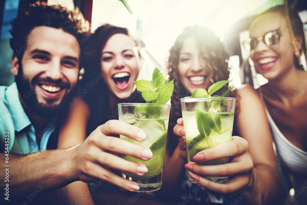 Group of young people having fun drinking mojito cocktail Group of young people having fun drinking mojito cocktail