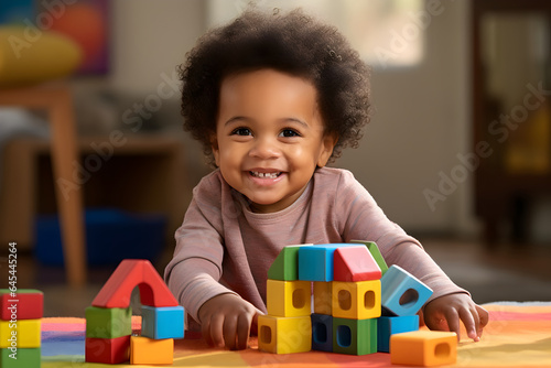Little African American kid enjoying and playing with milti color wooden block toys at School