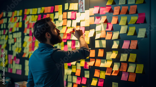 Man putting sticky notes on the wall, business planning and organized thinking concept