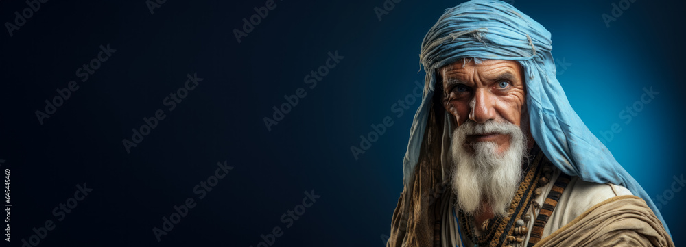 Old man in the classic costume of a mummy isolated on a vivid background with a place for text Old man in the classic costume of a mummy isolated on a vivid background with a place for text