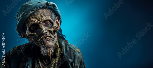 Old man in the chilling costume of a zombie isolated on a vivid background with a place for text 