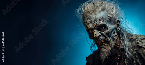 Old man in the chilling costume of a zombie isolated on a vivid background with a place for text 