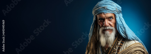 Old man in the classic costume of a mummy isolated on a vivid background with a place for text 