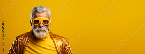 Old man in the daring costume of a superhero isolated on a vivid background with a place for text  © fotogurmespb