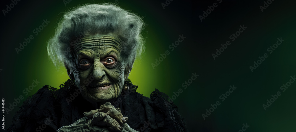 Fototapeta premium Old woman in the iconic costume of a monster isolated on a vivid background with a place for text 