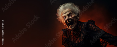 Old woman in the haunting costume of a vampire isolated on a vivid background with a place for text 