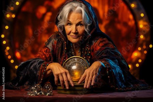 Old woman in the mystical costume of a fortune teller isolated on a vivid background with a place for text  photo