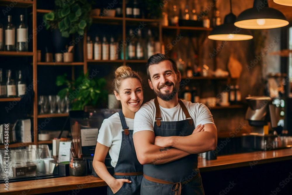 Couple barista friendly greeting in cafe coffee shop business concept Couple barista friendly greeting in cafe coffee shop business concept