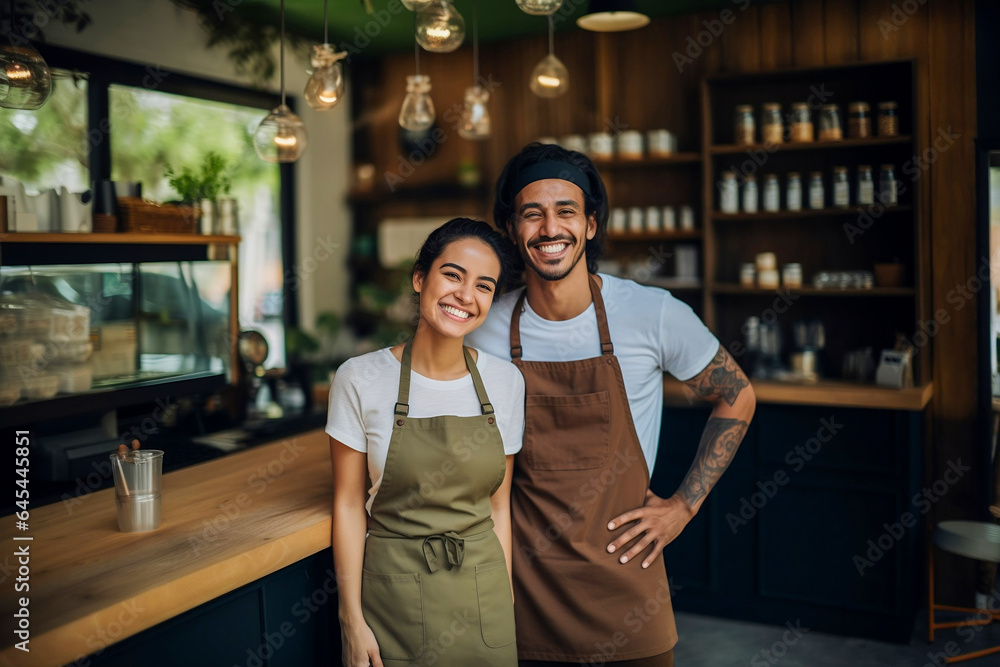 Couple barista friendly greeting in cafe coffee shop business concept