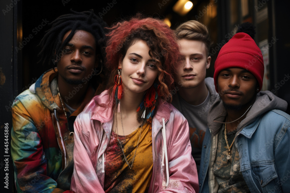 Urban Exploration. Group of friends in eclectic outfits posing against a graffiti-covered wall, reflecting urban fashion diversity. Generative Ai. Urban Exploration. Group of friends in eclectic outfits posing against a graffiti-covered wall, reflecting urban fashion diversity. Generative Ai.