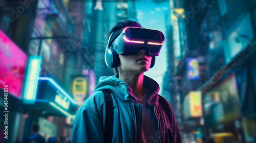 Teenager wearing VR headset explore metaverse, playing an exciting video game in neon cyberpunk city street, immersive futuristic virtual reality experience