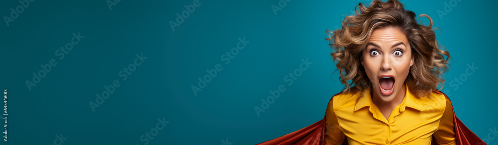 Woman in the heroic costume of a superhero isolated on a vivid background with a place for text 