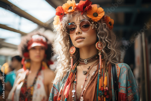 Festival Fashion. Attendees at a music festival dressed in eclectic and creative outfits, capturing the spirit of festival fashion. Generative Ai.