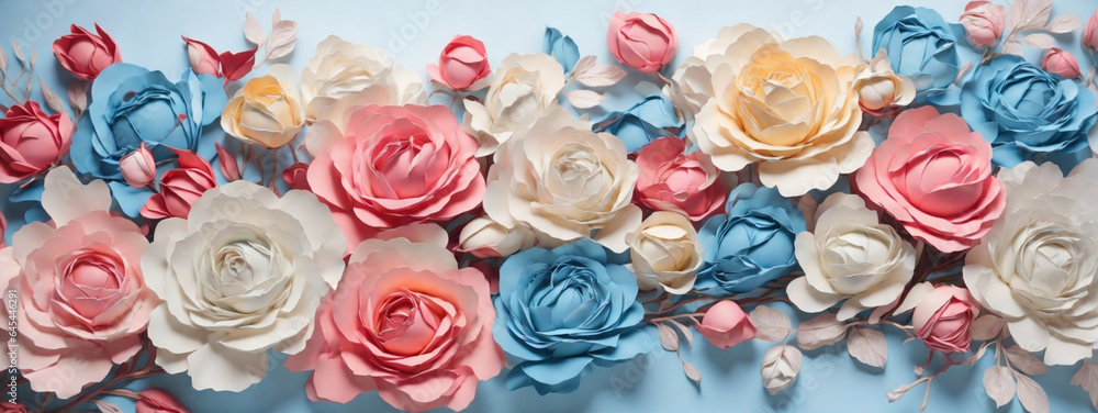 Backdrop of colorful paper roses Backdrop of colorful paper roses
