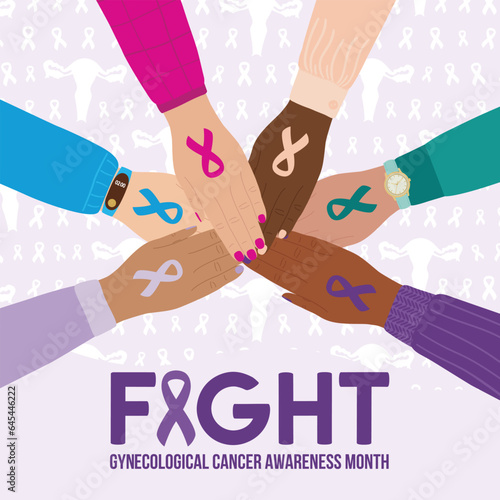 Gynecological Cancer Awareness Month illustration. Main types of cancer cervical, ovarian, uterine, vaginal and vulvar. Teal, purple cancer ribbons. Cancer prevention, women health care poster