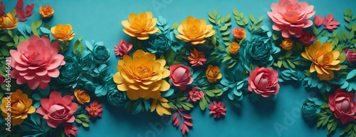 top view of colorful paper cut flowers with green leaves on blue background with copy space
