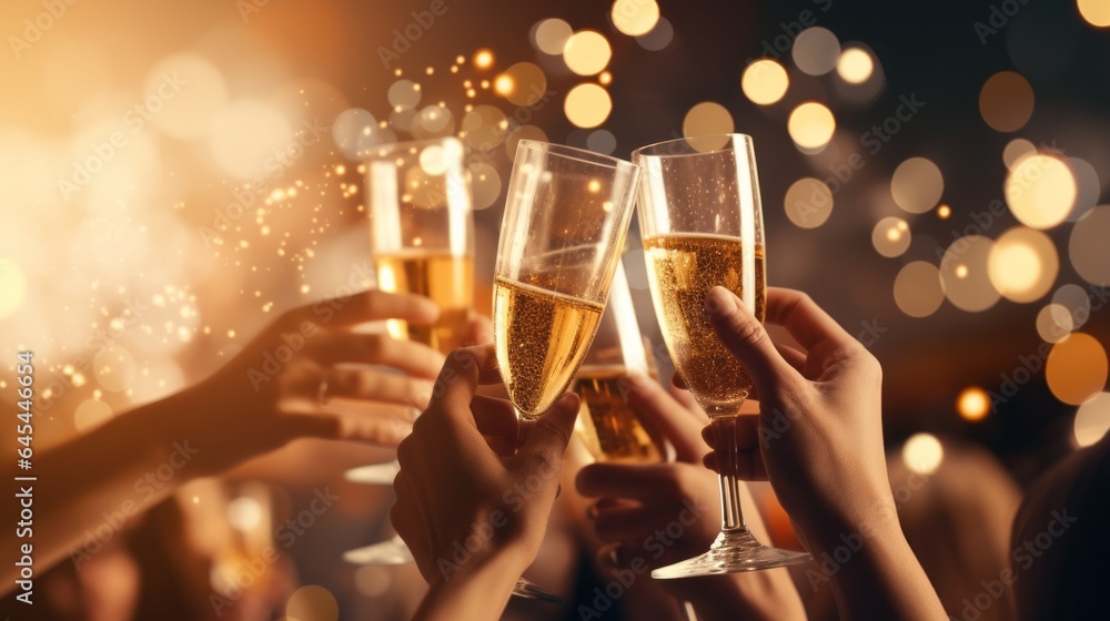 People Holding Glasses of Champagne, Celebrating Reveillon - obrazy, fototapety, plakaty 