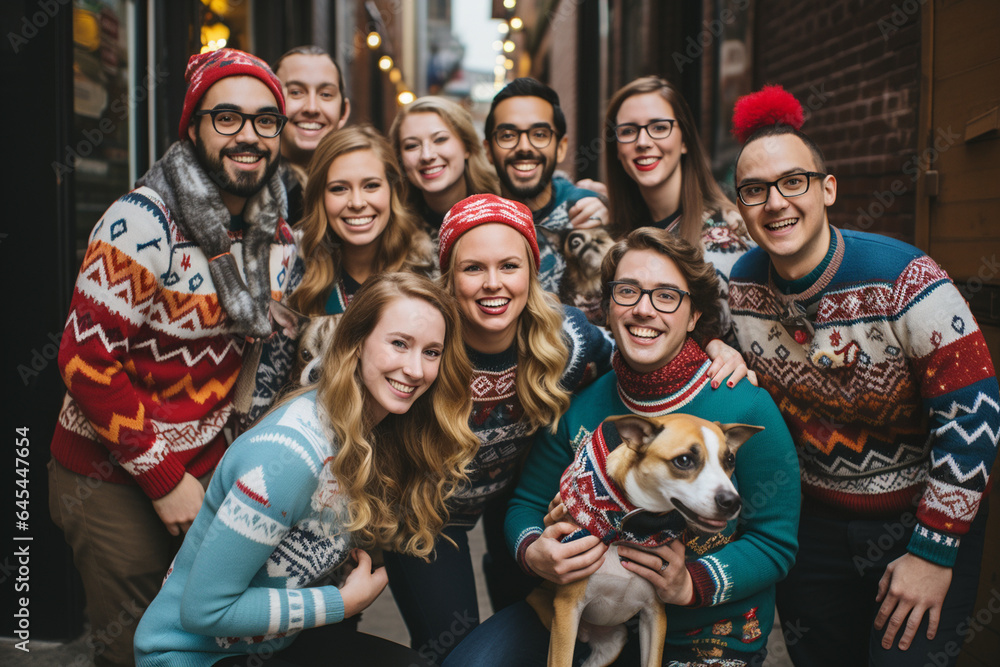 fun-filled photo of individuals proudly wearing their most creative ugly Christmas sweaters, adding a touch of humor to the festivities fun-filled photo of individuals proudly wearing their most creative ugly Christmas sweaters, adding a touch of humor to the festivities