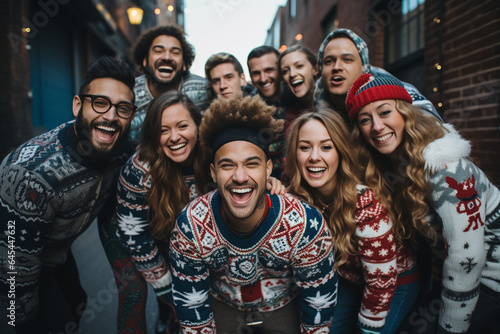 fun-filled photo of individuals proudly wearing their most creative ugly Christmas sweaters, adding a touch of humor to the festivities