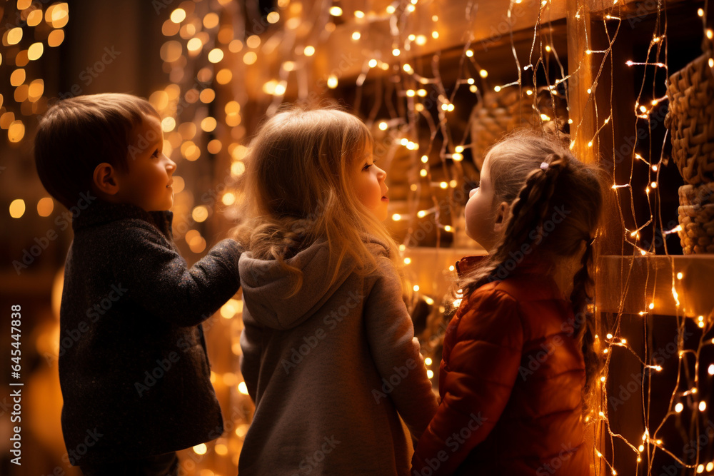 photo of children eagerly exploring the room illuminated by twinkling Christmas lights, adding to the magical atmosphere