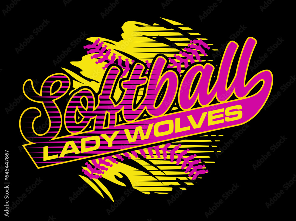 lady wolves softball team design with ball and stitches for school, college or league sports