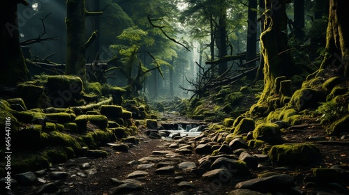A path through a forest with a light on the ground and the trees are covered in moss.