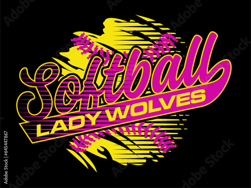lady wolves softball team design with ball and stitches for school, college or league sports