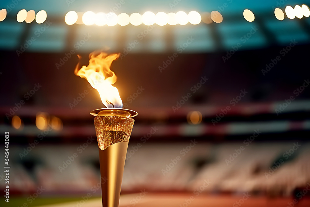 Flame burns in Olympic torch against blurred sports arena - obrazy, fototapety, plakaty 