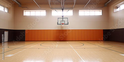 Empty school sports hall with wooden floor and basketball backboard photo