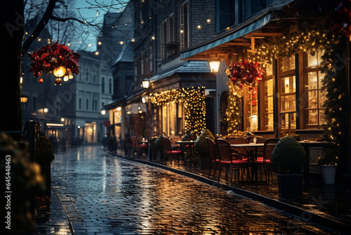 captivating nighttime photo showcasing a street illuminated by elegant Christmas lights  creating a magical after-dark atmosphere