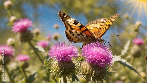Butterfly foraging a milk thistle flower by a sunny spring day.