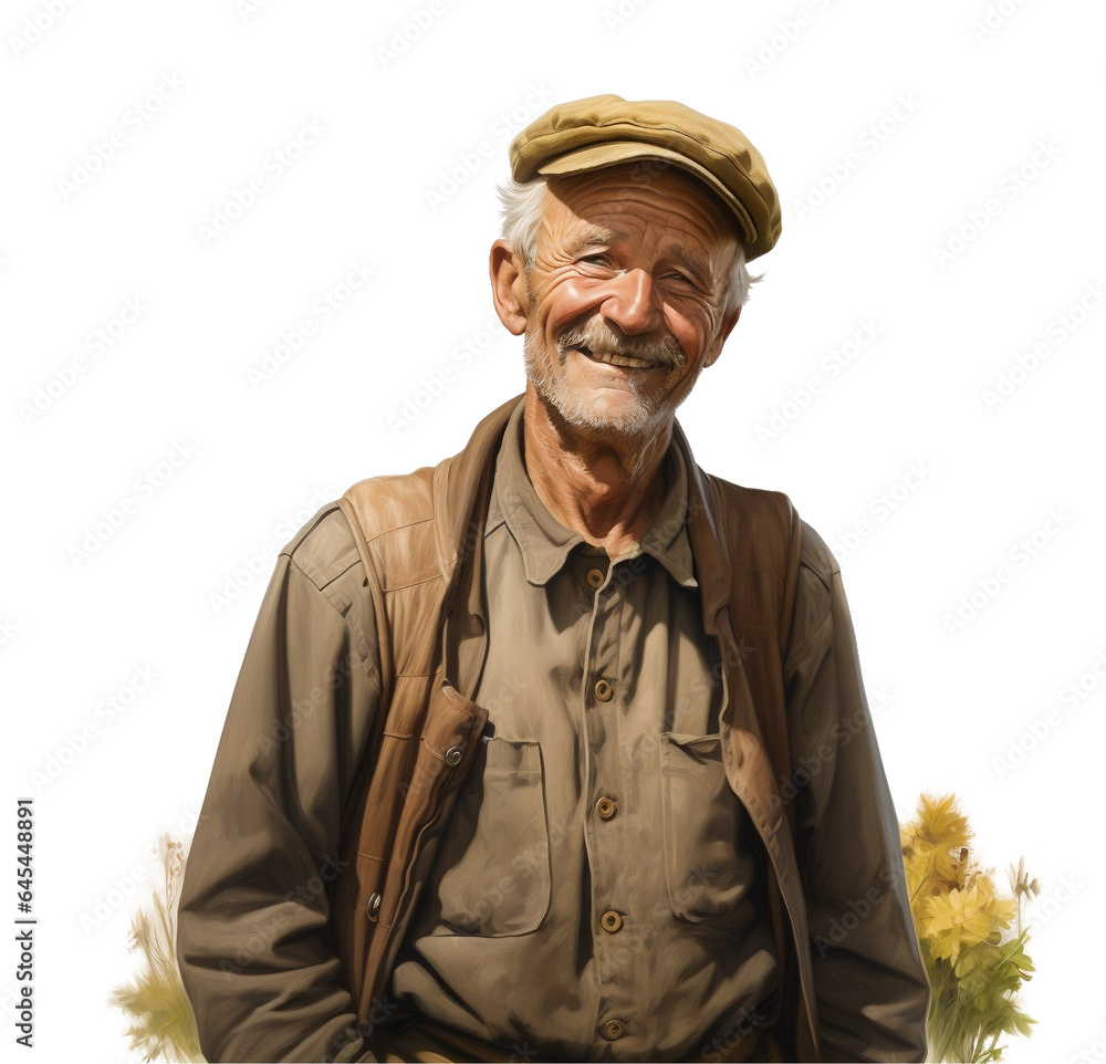 Elderly farmer smiling happily on transparent background