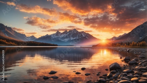 sunset over a mountain lake with mountains in the background