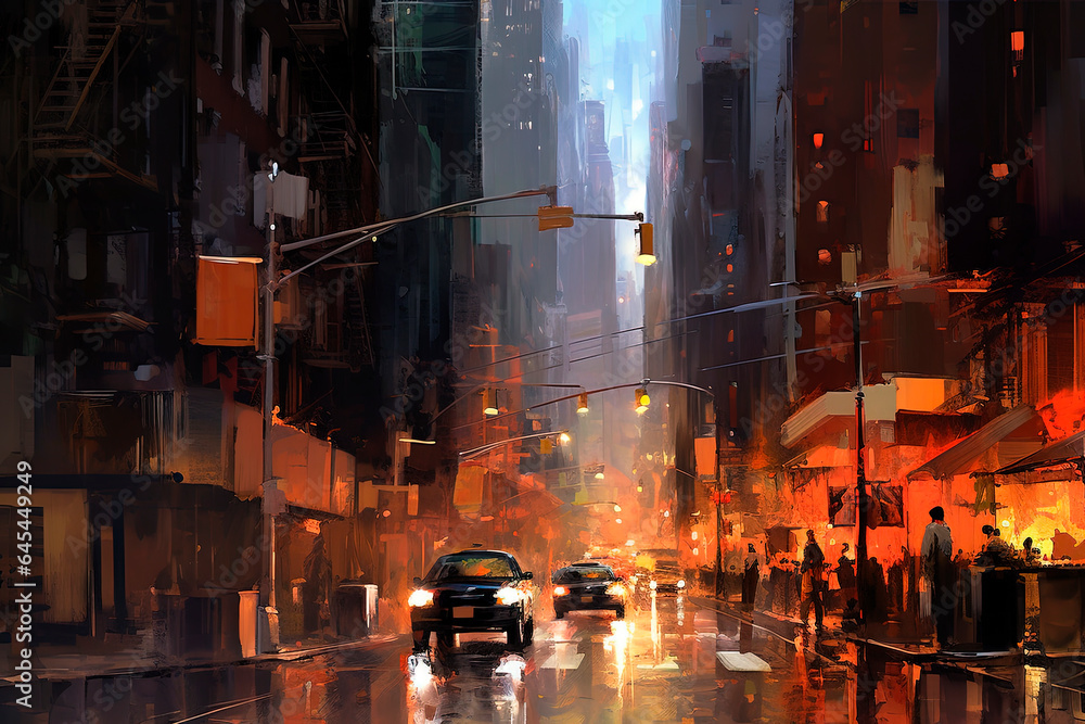 Naklejka premium A city street at night. Traffic. Generative AI