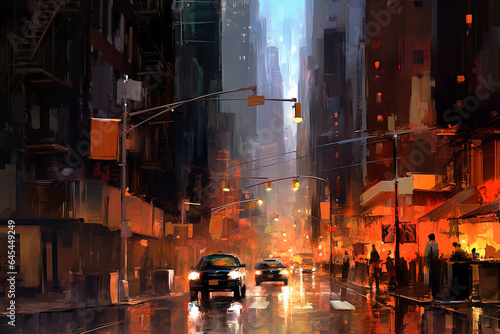 A city street at night. Traffic. Generative AI
