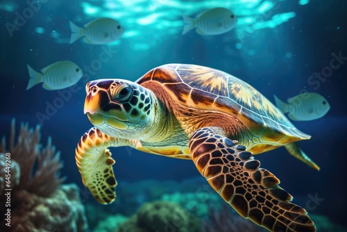 Close-up of a green sea turtle swimming underwater © Julia Jones