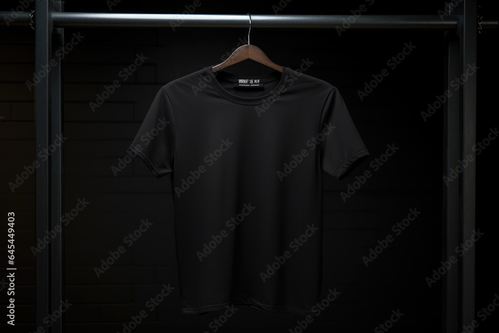 A mock-up of a black T-shirt is hanging on a hanger A mock-up of a black T-shirt is hanging on a hanger